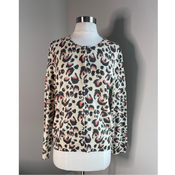 J. Crew Sweaters - J. Crew Animal Print Cardigan 100% Merino Wool Ivory Pink Sz. XL
